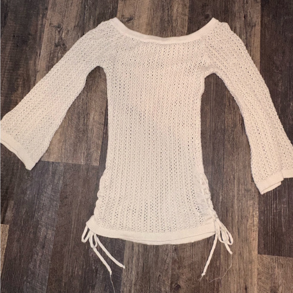 Cream Knit swim suit cover up, dumbbell sleeves, knitted crochet throw over body